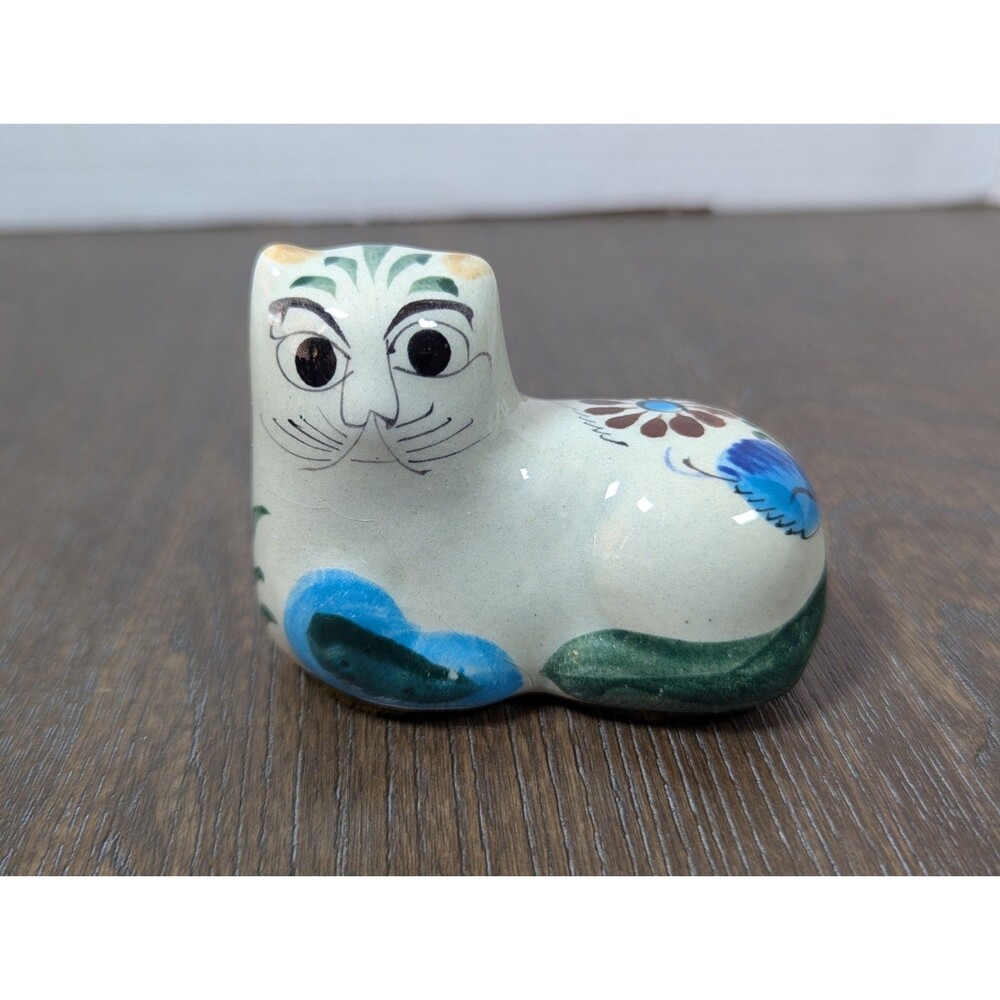 Mexican Folk Art Tonala Pottery Cat Figure 3” Hand Painted Artist Signed Glossy